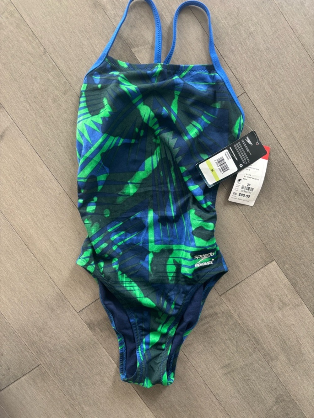Speedo Women’s Blue and Green Tropical-Print One-Piece Swimsuit - Picture 2 of 4
